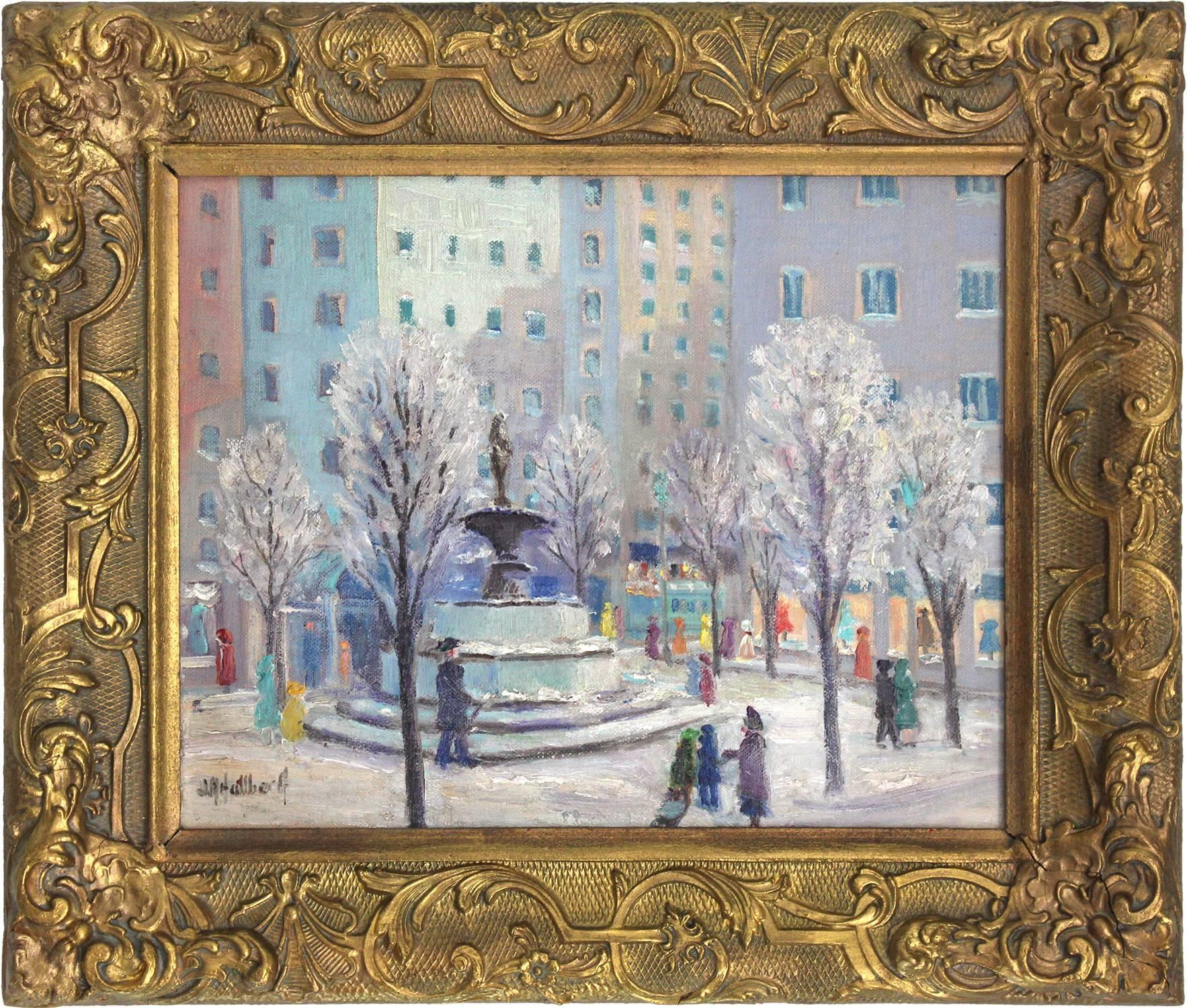 J. Henry Hallberg Landscape Painting - Plaza at 59th Street and Fifth Avenue, New York City