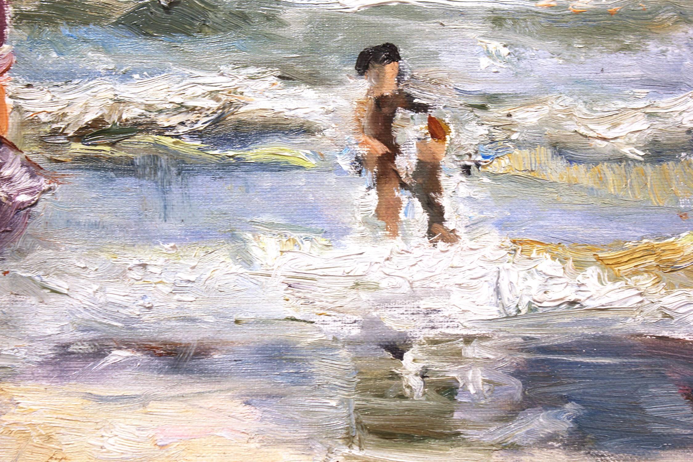 This painting depicts an impressionistic scene at the beach with beautiful brushwork and whimsical colors. The work is a following of Edward Potthast, capturing the beach and times of the early 20th Century similarly to his work. This piece is