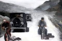 "Hollywood Chase" Escena callejera impresionista estilo Escuela Ashcan con figuras