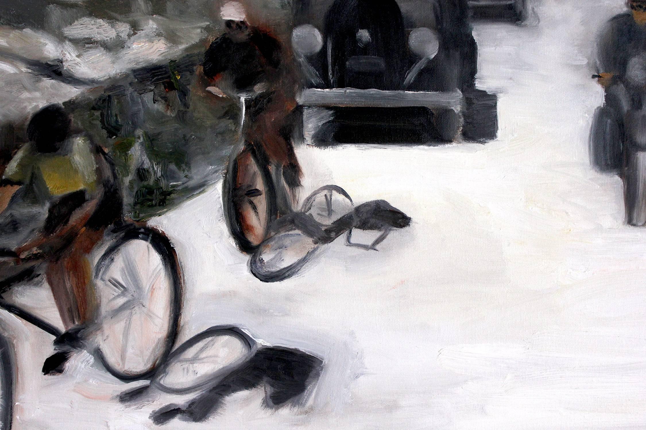 Esta escena representa una escena de los años 30. Se trata de una narración ficticia con coches viejos, una moto y bicicletas. Esta escena representa una persecución de la mafia por las rugientes colinas de California durante la Era de Hollywood.