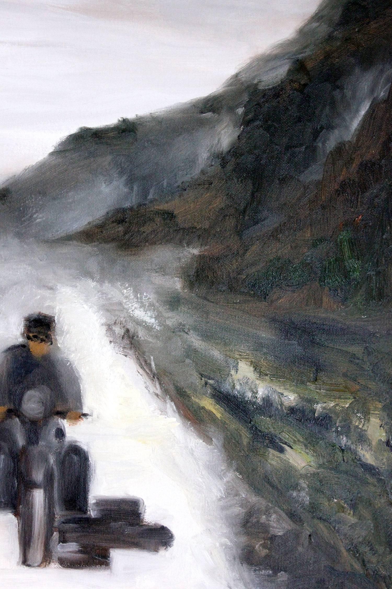 This scene depicts a scene from the 1930s. It is of a fictitious narrative with old cars, a motorbike, and bicycles. This scene depicts a mob chase through the roaring hills of California during the Hollywood Era. With a subdued color pallet