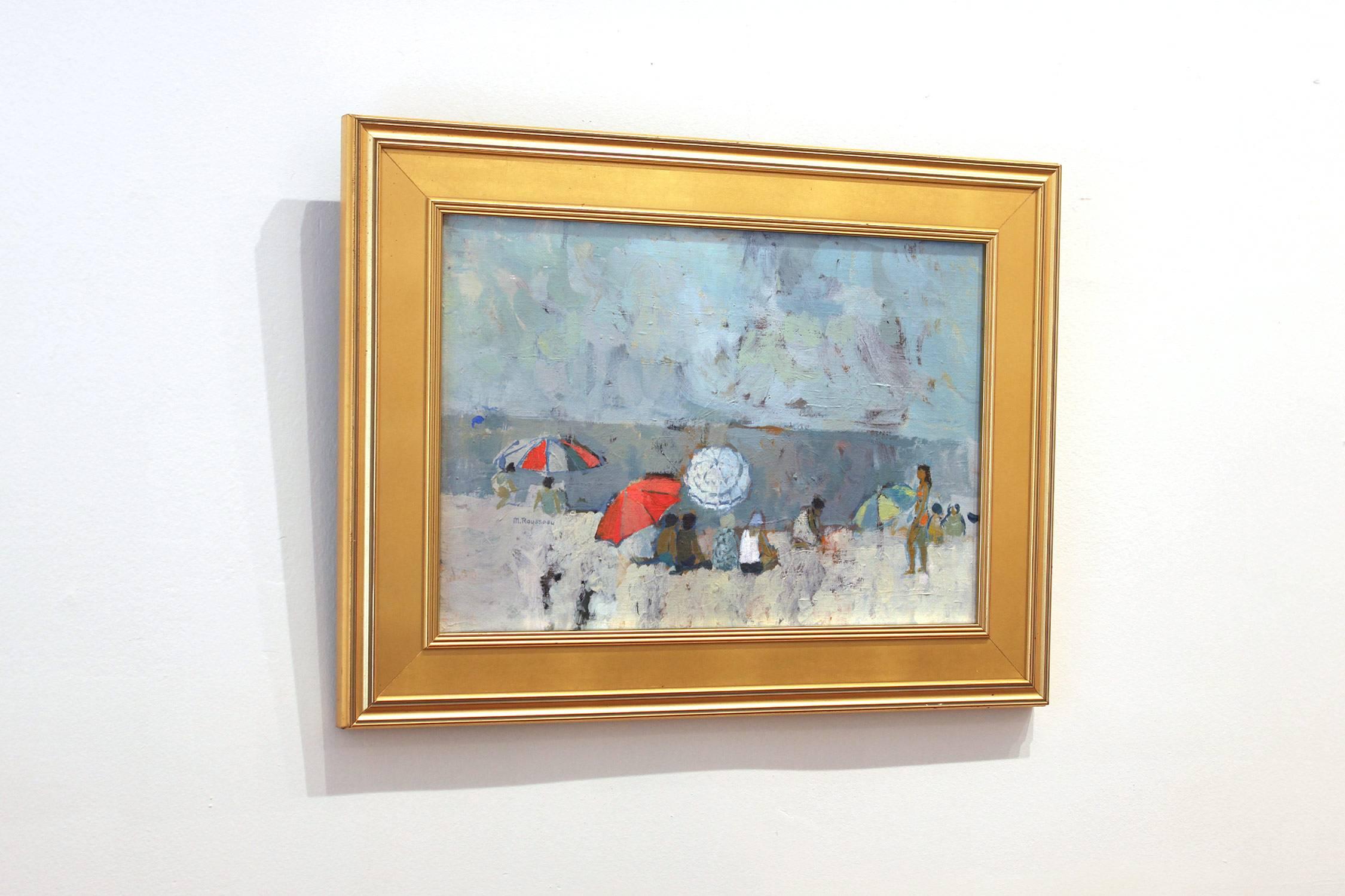 A wonderful impressionistic oil painting depicting a beach scene from the early 20th Century. This piece is part of Rousseau's later works where she used a loser technique in her execution. There are many figures placed about with beach umbrellas. A