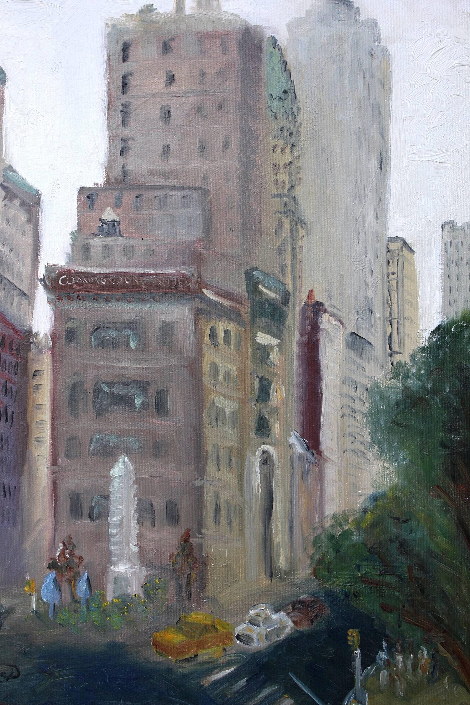 A charming depiction of bustling cars, street lights and buildings in New York City with much movement and whimsicality. A cozy impressionistic street scene with colors of rouges, pinks, and burnt sienna's. This painting was painted on site by the