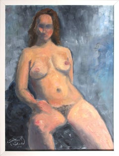 "Nu au Studio" Peinture impressionniste à l'huile sur panneau d'une femme nue 