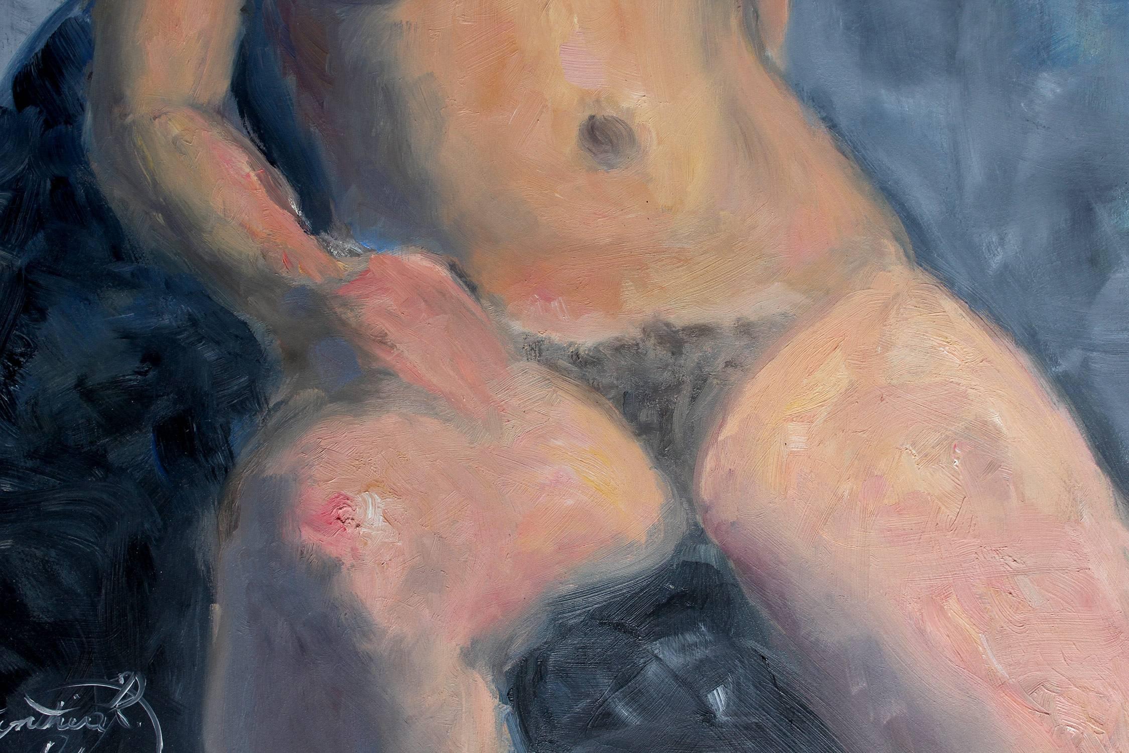 A depiction of a young nude woman seated laid back and posing. A romantic air is felt throughout this piece with a dreamy atmosphere and lush colors. She has dark brown hair, wears dark lips and has a seductive pose as an emotion is felt through