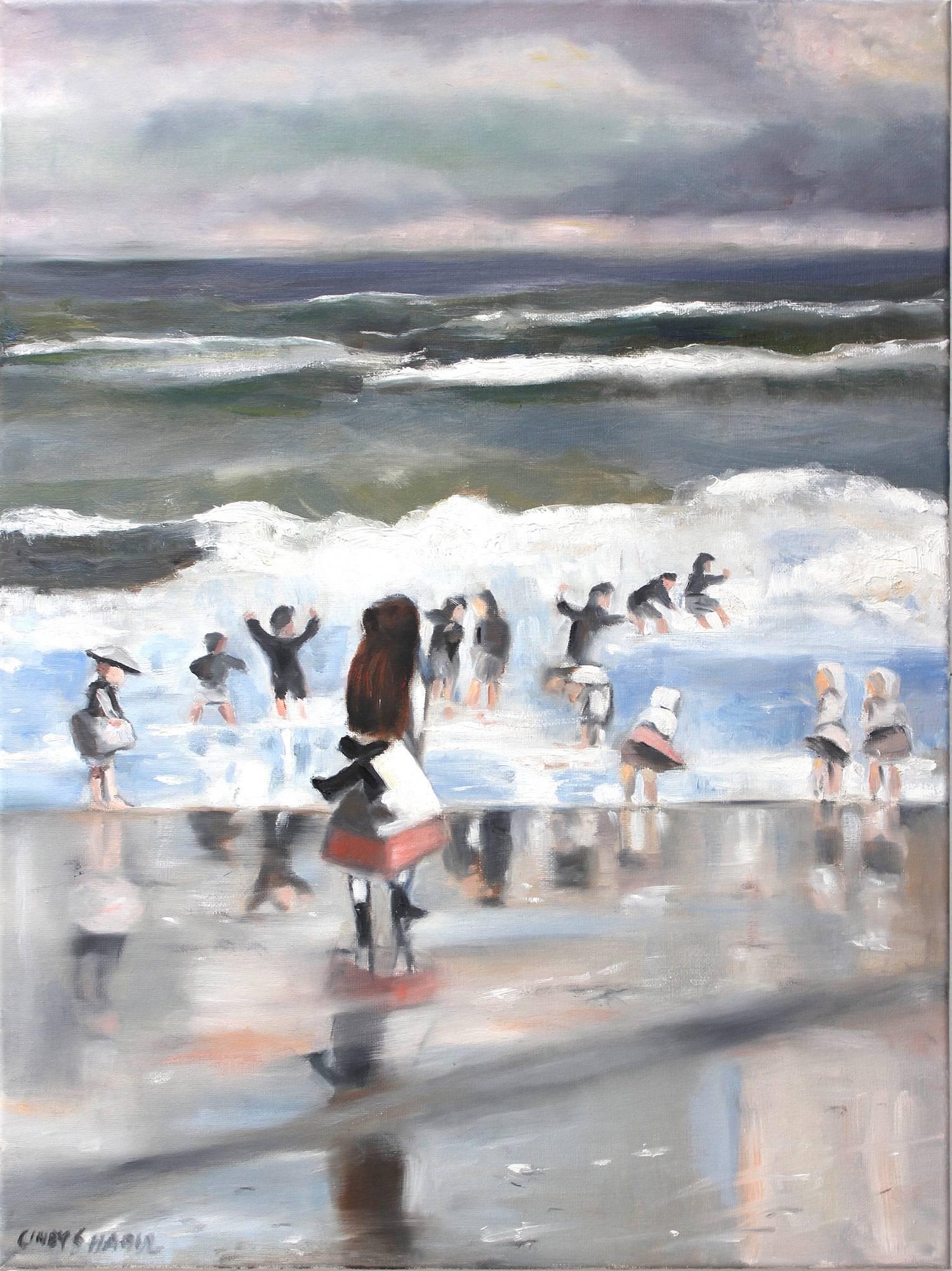 Landscape Painting Cindy Shaoul - « Une journée d'été à la plage » - Peinture à l'huile impressionniste d'une scène de plage sur toile