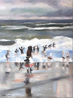 « Une journée d'été à la plage » - Peinture à l'huile impressionniste d'une scène de plage sur toile