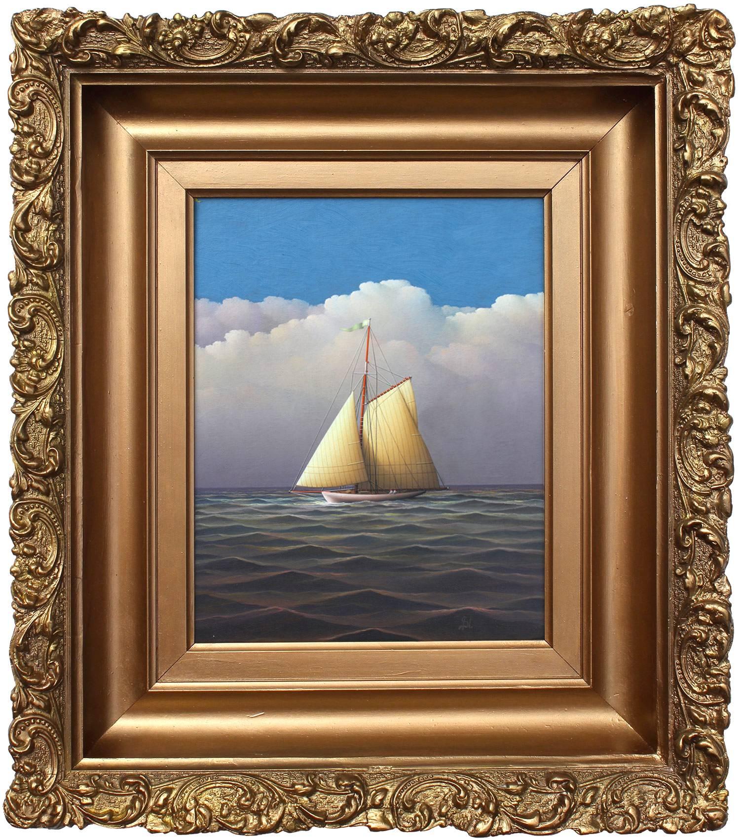 "Sailing on the Open Seas" - Peinture à l'huile réaliste sur panneau d'un voilier en mer ouverte