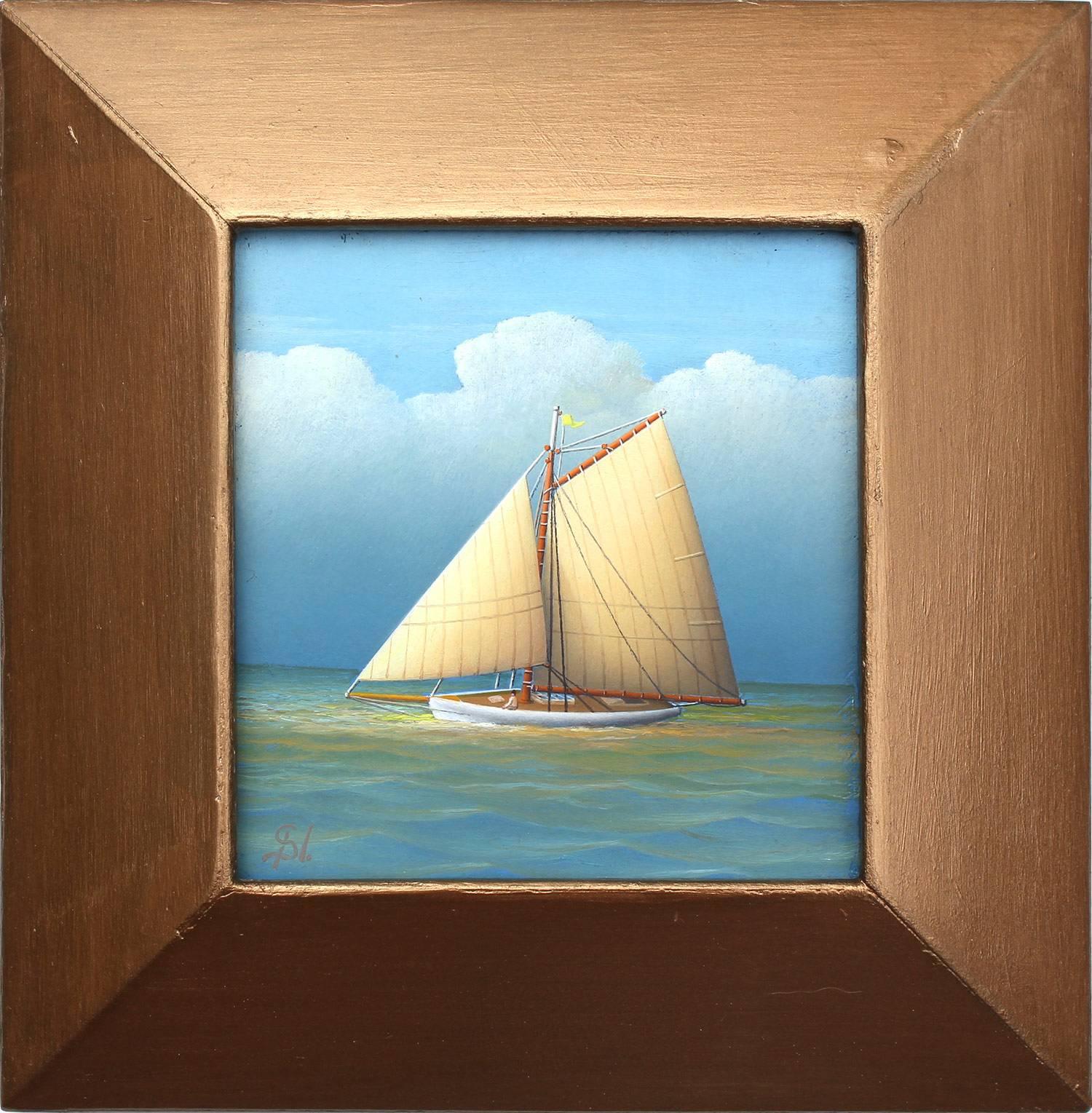 Realistisches Ölgemälde „Segeln in der Dämmerung“ auf Leinwand mit Segelboot in offenem Meer, Realismus