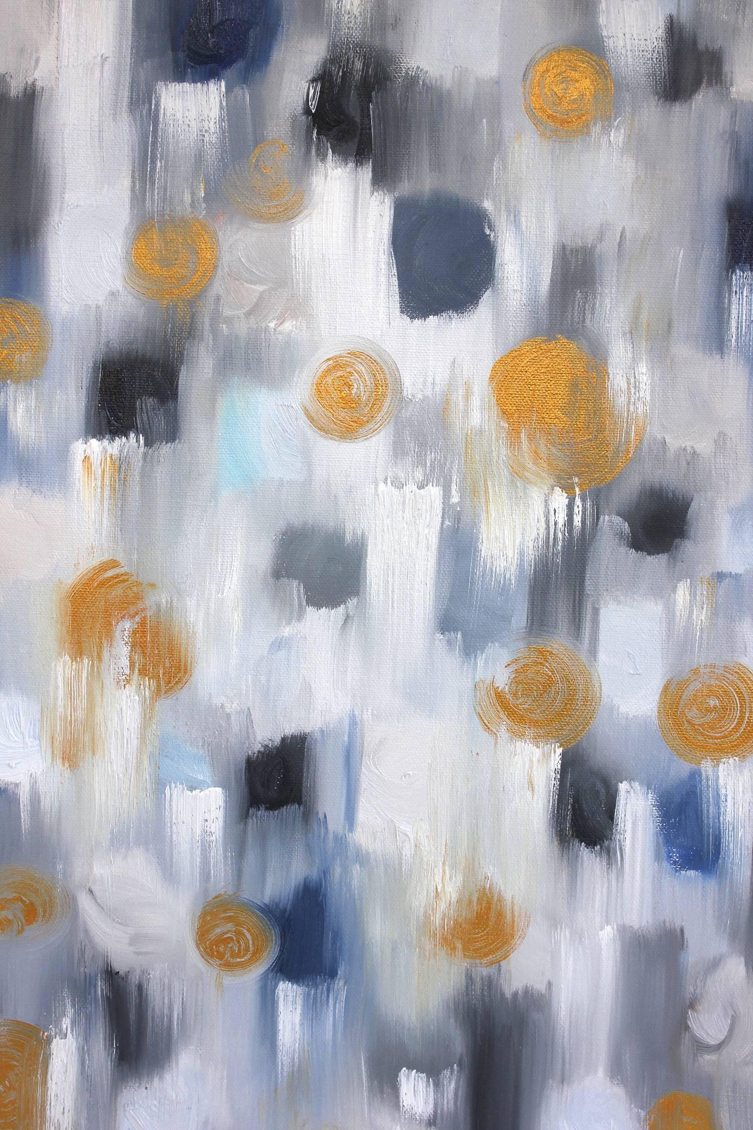 Dripping Dots, Gold Peaks - Gray Abstract Painting by Cindy Shaoul