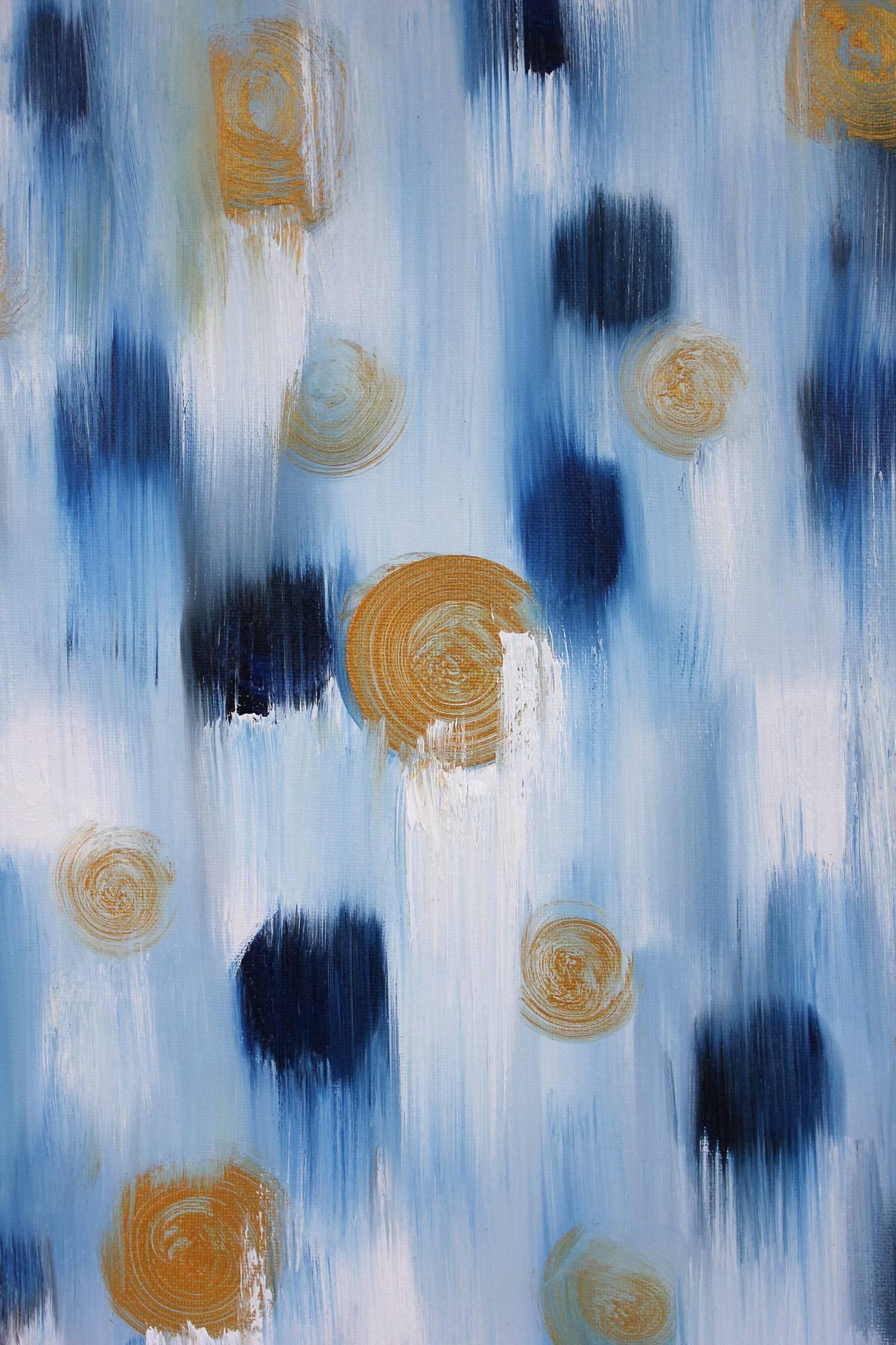Dripping Dots, Golden Winter Storm - Blue Abstract Painting by Cindy Shaoul