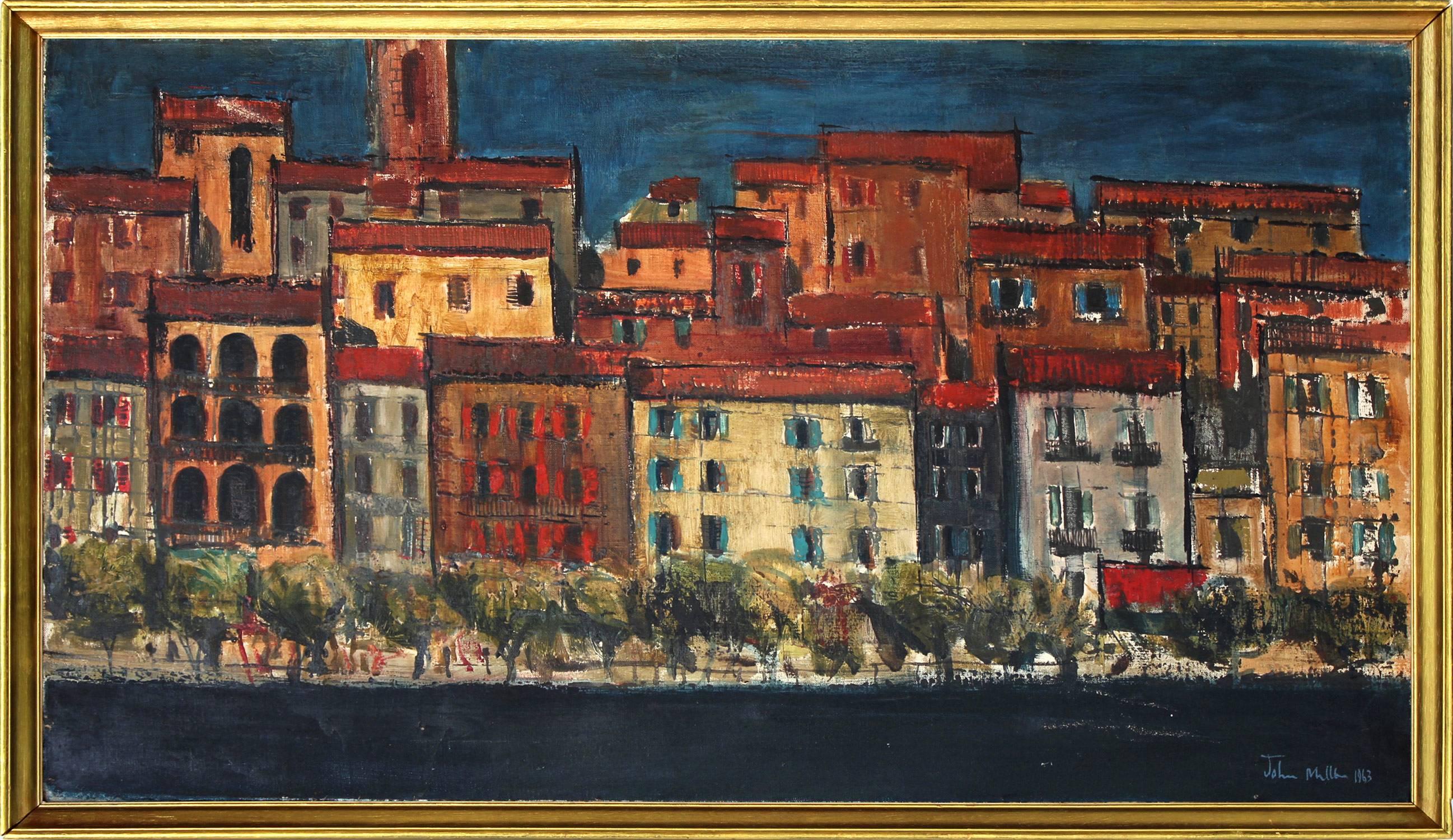 John Miller (b.1939) Landscape Painting - "Porto Santo Stefano" Mid Century Abstract Painting on Canvas of a Village View