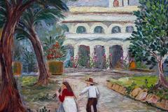 "Village Scene in Mexico" Pointillist Oil on Canvas Landscape Painting