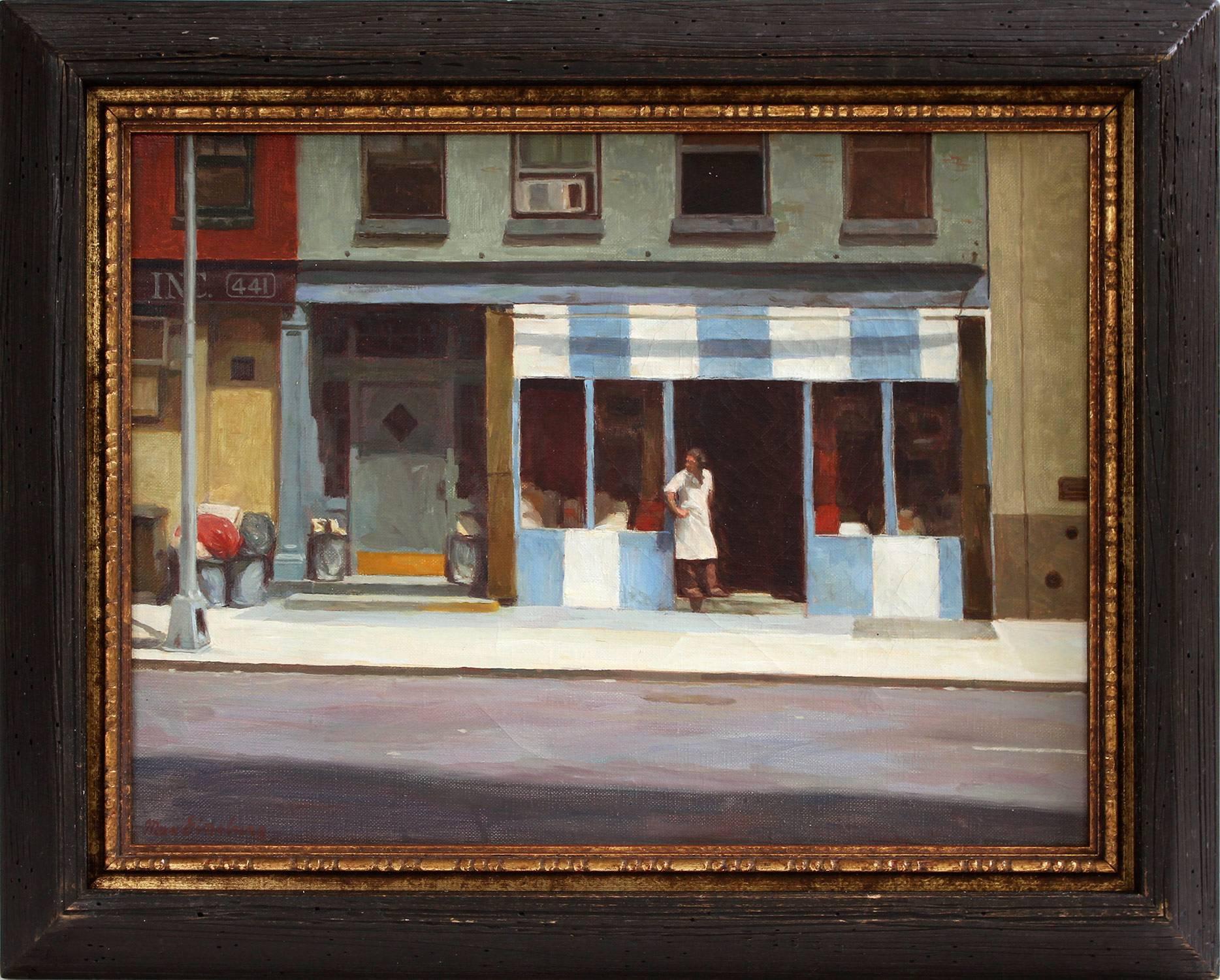 Max Ginsburg Figurative Painting - "West 50th Street" Realist New York City Street Scene Oil on Canvas Painting