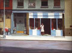 Peinture à l'huile sur toile « West 50th Street » représentant une scène de rue réaliste de la ville de New York