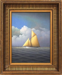 Retro "Sailing Across the Atlantic" Realist Oil Painting on Wood Panel of Sailboat