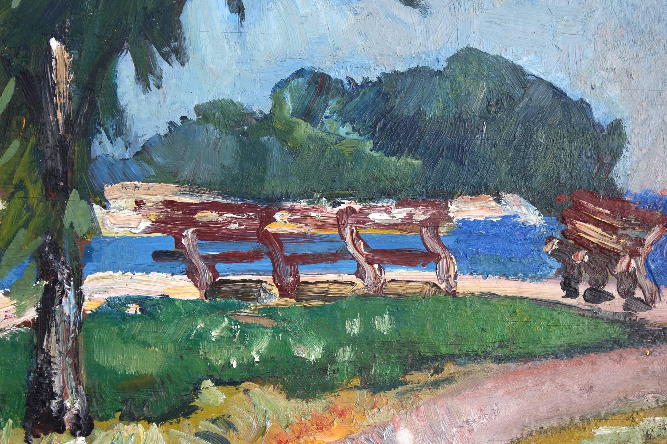 Benches and Trees - Gray Landscape Painting by Hayley Lever