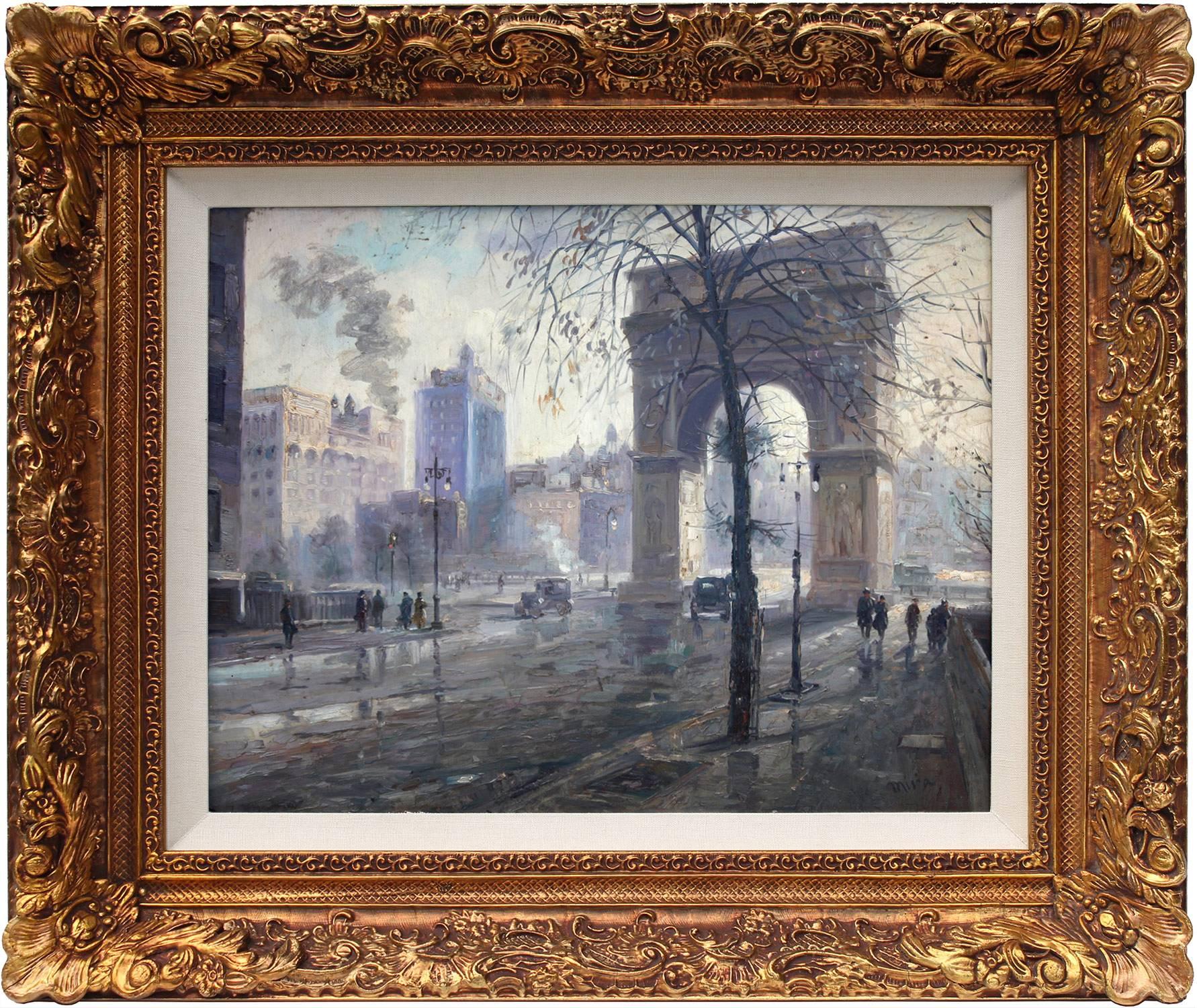 Alfred S. Mira Landscape Painting - Rainy Day in Washington Square Park