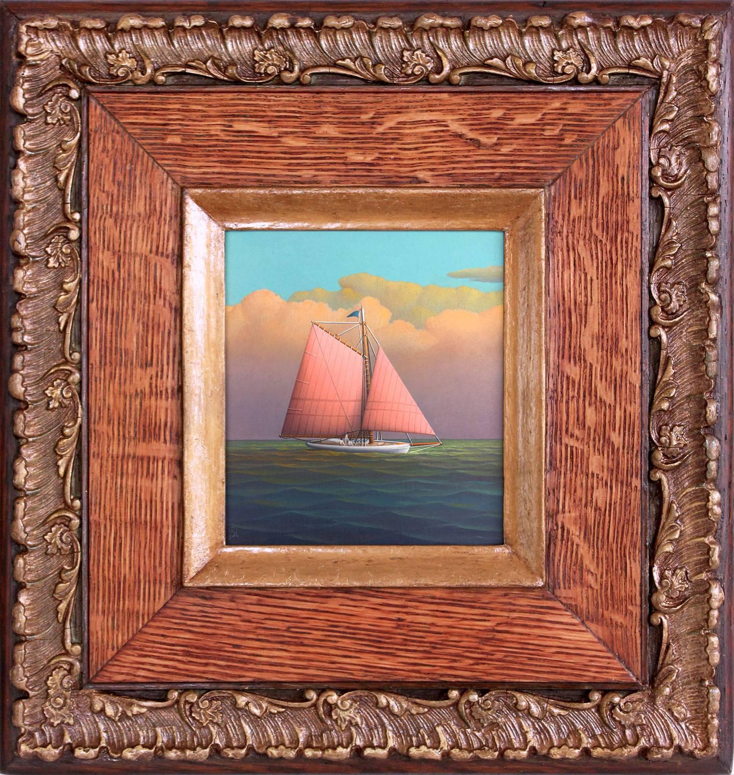 George Nemethy Landscape Painting - "Tranquil Sailing" Realist Oil Painting on Canvas Board of Sailboat in Open Sea