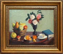 Retro "Still Life with Flowers, Fruits and Tea" Colorful Oil on Canvas Interior Scene