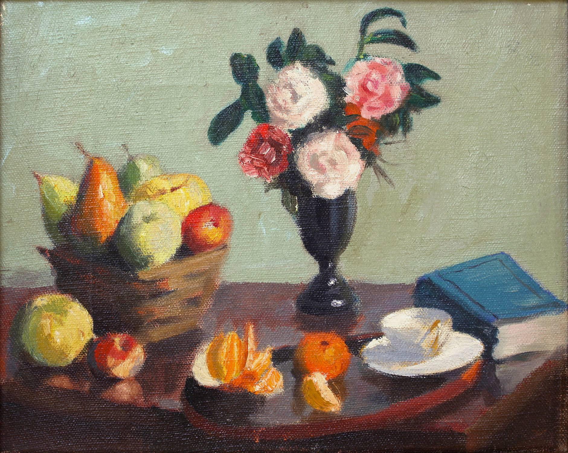 „Stillleben mit Blumen, Früchten und Tee“ Buntes Ölgemälde auf Leinwand, Interieurszene – Painting von Unknown