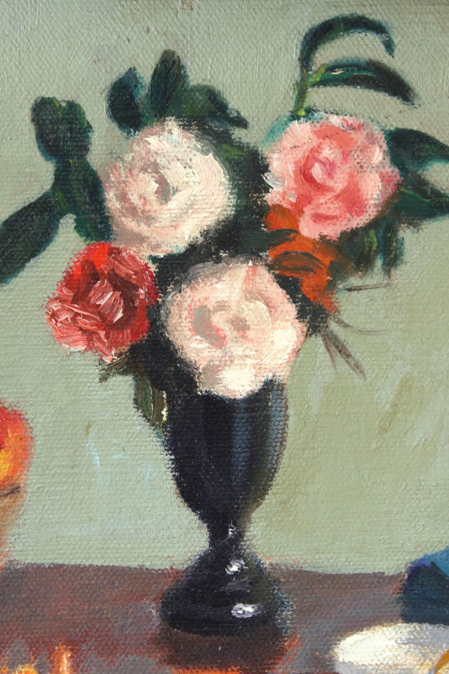 „Stillleben mit Blumen, Früchten und Tee“ Buntes Ölgemälde auf Leinwand, Interieurszene (Braun), Still-Life Painting, von Unknown