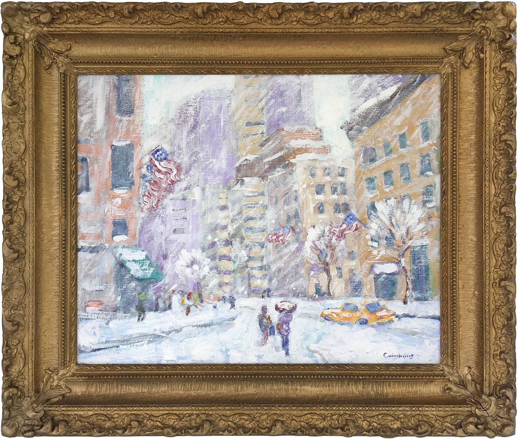 John Crimmins Landscape Painting - "Columbus Circle N.Y.C." Impressionist Street Scene Oil Painting on Canvas Board