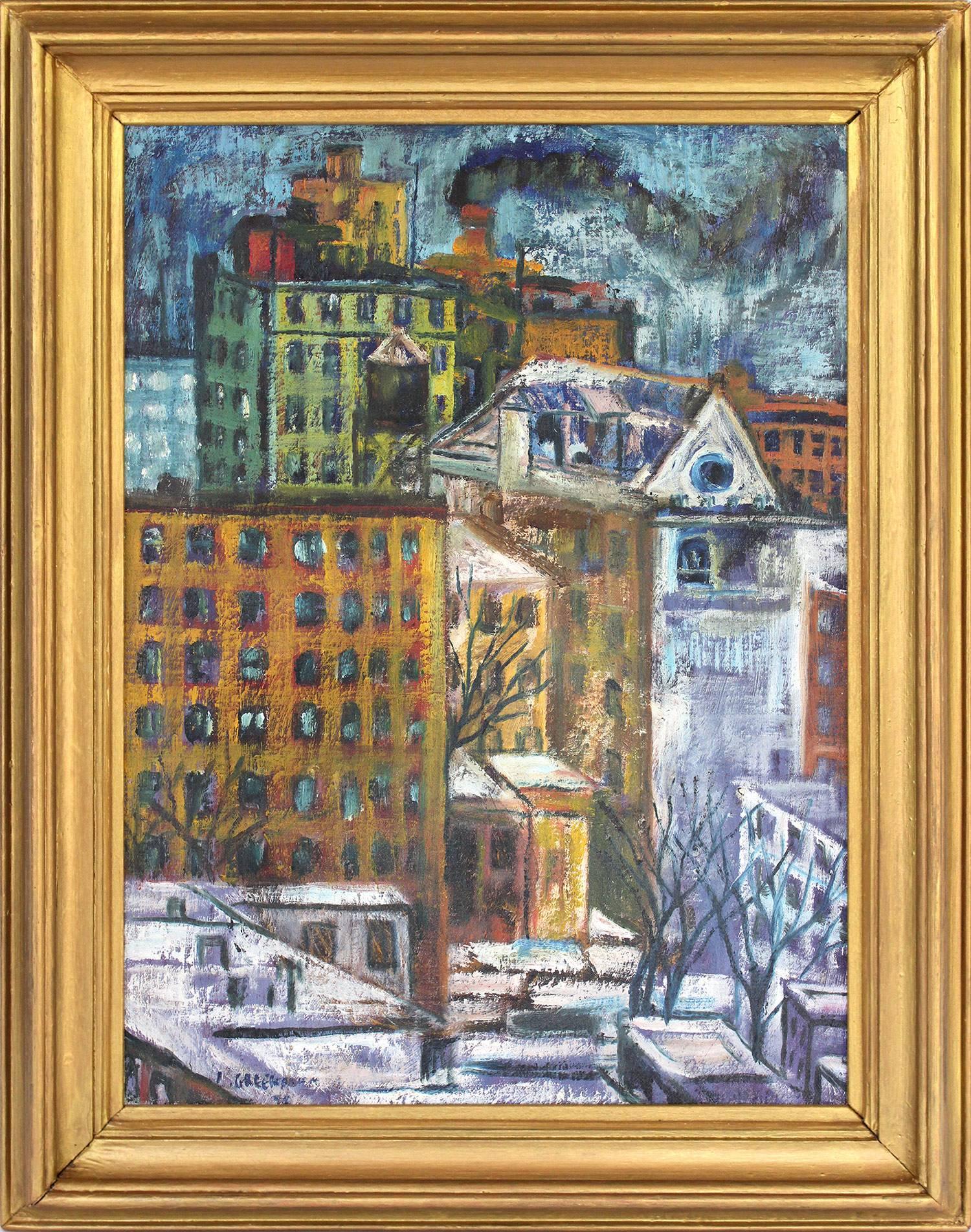 Unknown Landscape Painting - "New York Cityscape" Abstract Impressionist New York City Winter Scene Painting