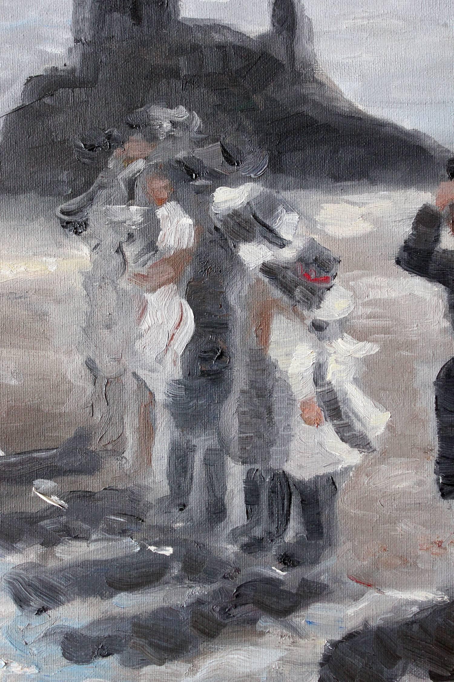 Impressionistische Strandszene, Ölgemälde auf Leinwand, „By the Seashore“ (Grau), Figurative Painting, von Cindy Shaoul