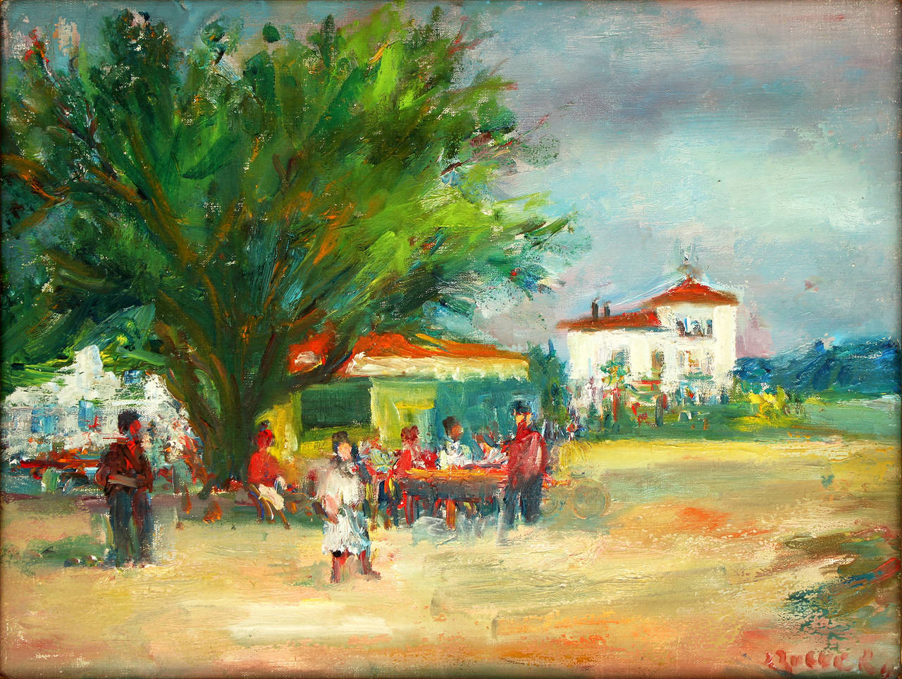 Sunday Gathering in a Village - Painting by Jacques Zucker