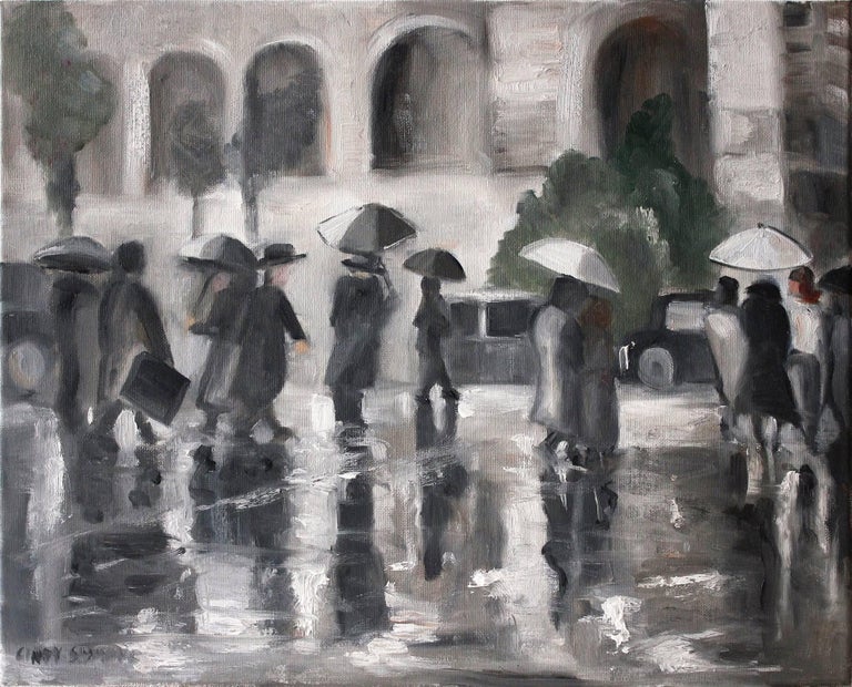 Cindy Shaoul Figurative Painting - "Rainy Day by the Met" Impressionistic NYC Street Scene Oil Painting on Canvas