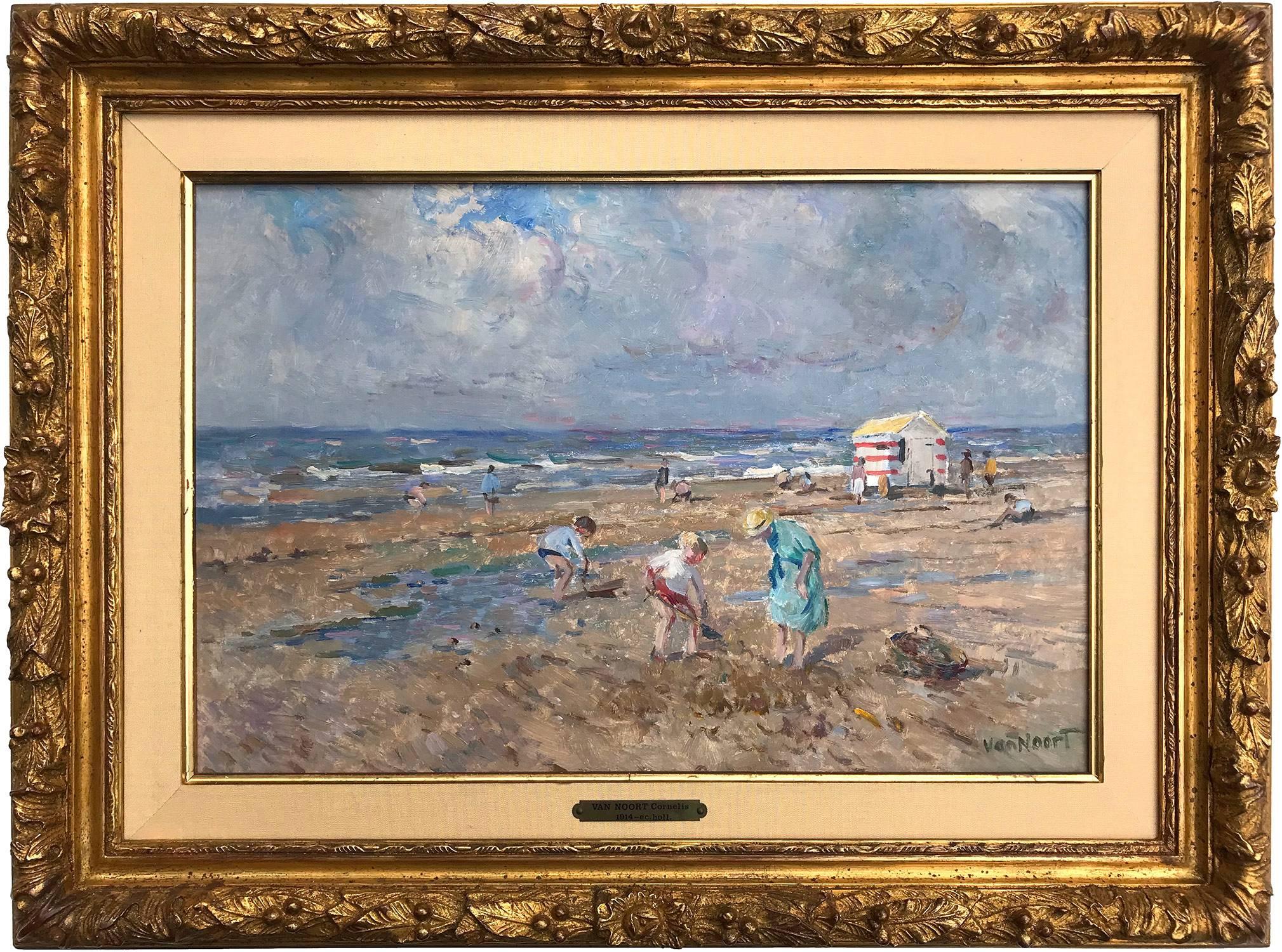 Arie C. Van Noort Landscape Painting – Strandszene mit Figuren und Strandhütte
