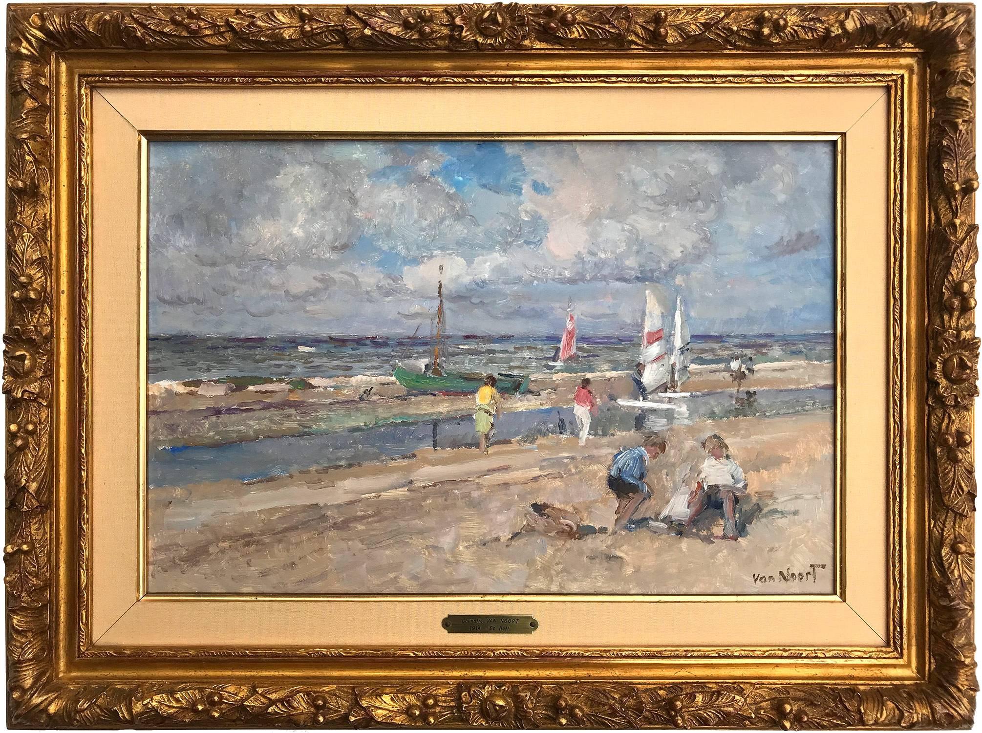 Arie C. Van Noort Figurative Painting - Beach Scene with Figures and Sailing Boats