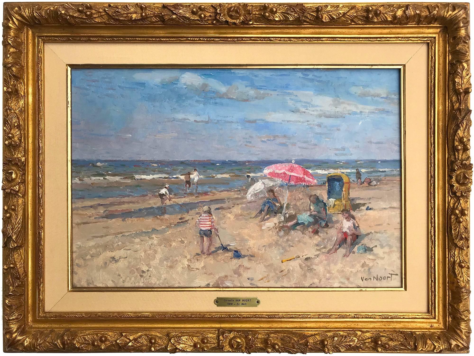 Arie C. Van Noort Figurative Painting - Beach Scene with Figures and Parasol