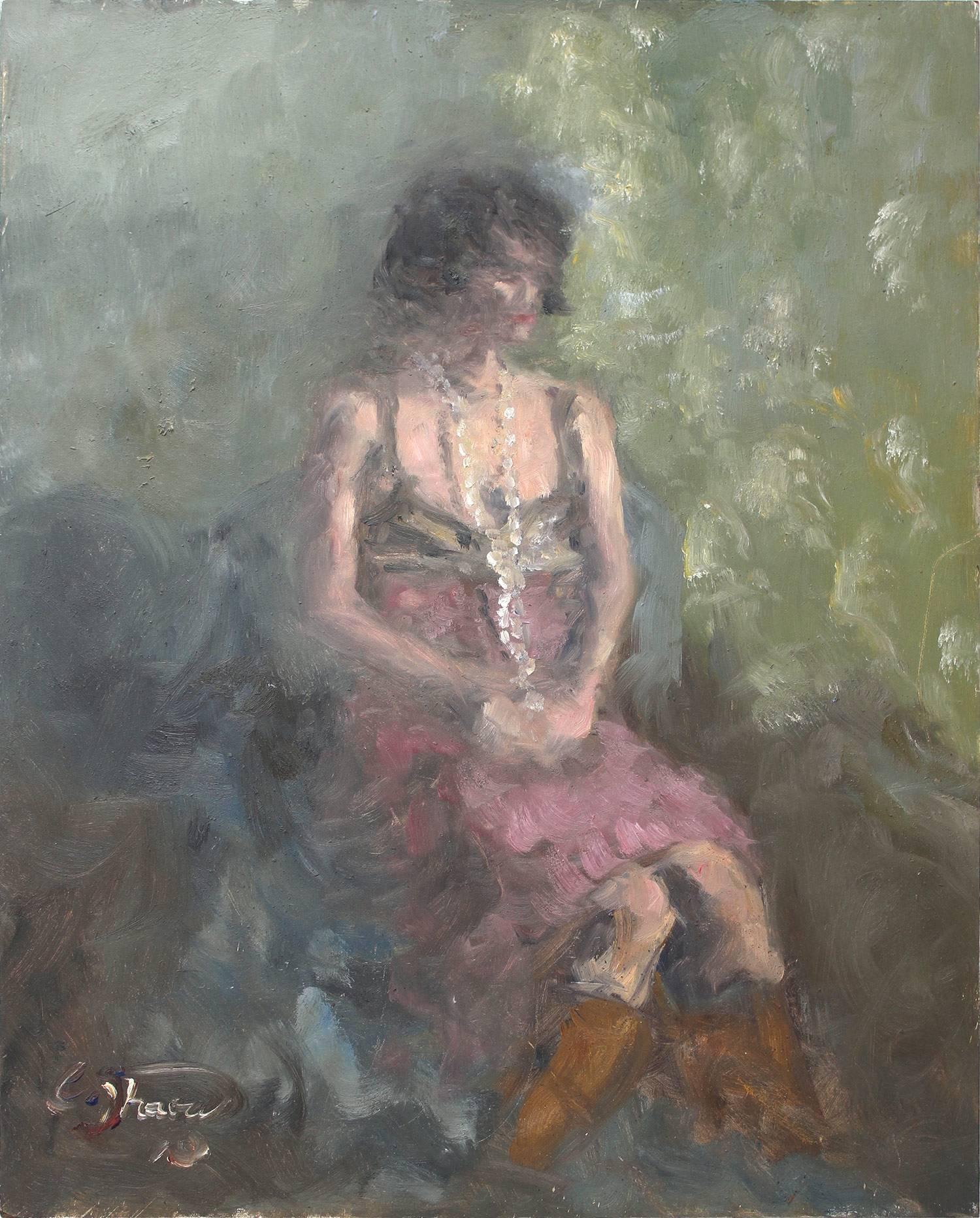 Figurative Painting de Cindy Shaoul - "Mujer con perlas" Pintura al óleo impresionista de figura sentada