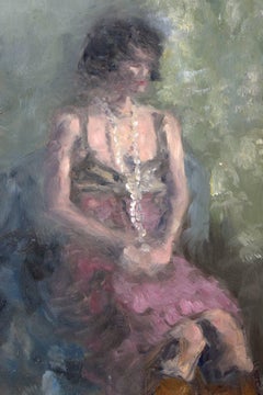 „Frau mit Perlen“ Impressionistisches Ölgemälde einer sitzenden Figur