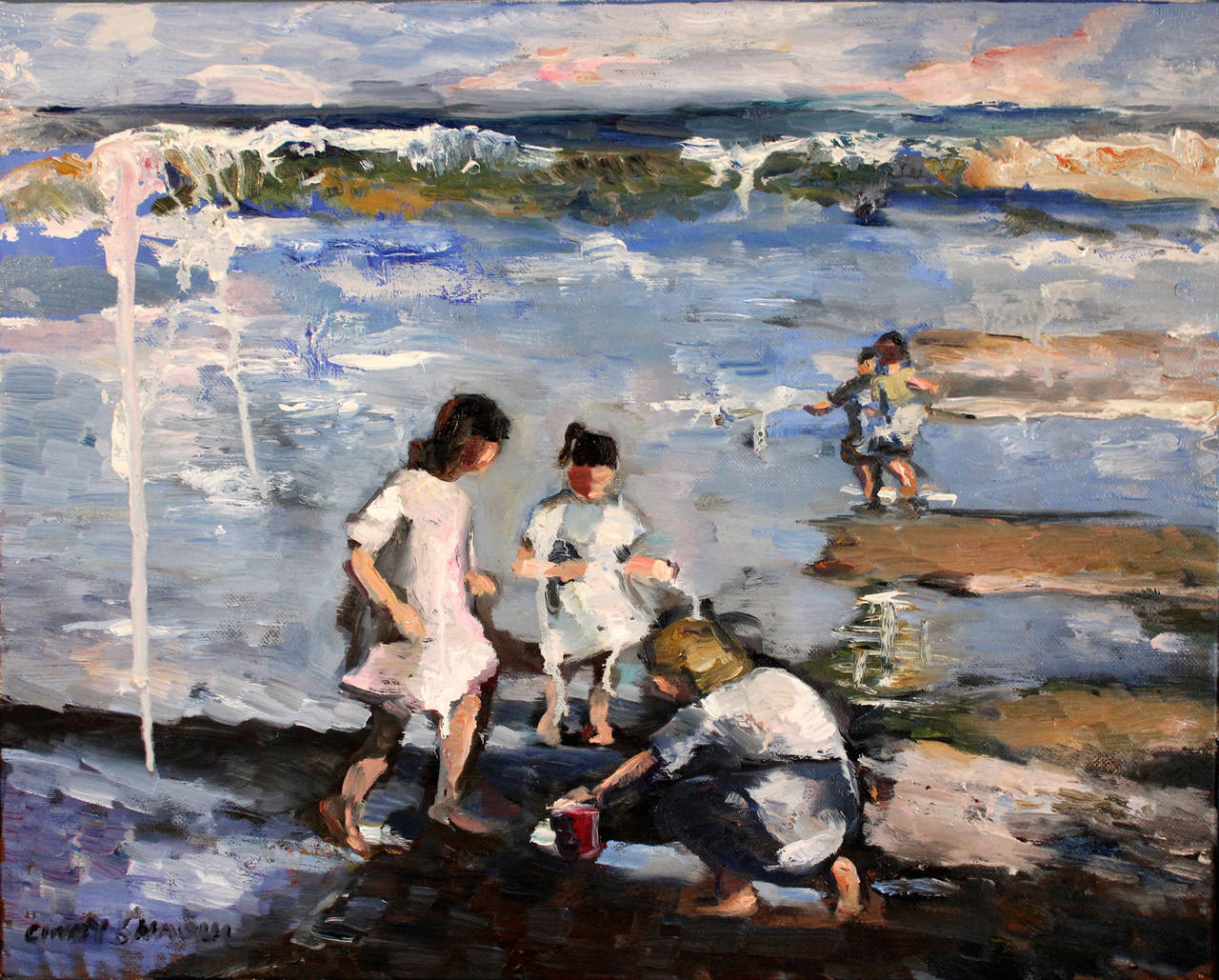 Cindy Shaoul Figurative Painting - "Kids at the Beach" Impressionist Beach Scene Oil Painting Style of Potthast