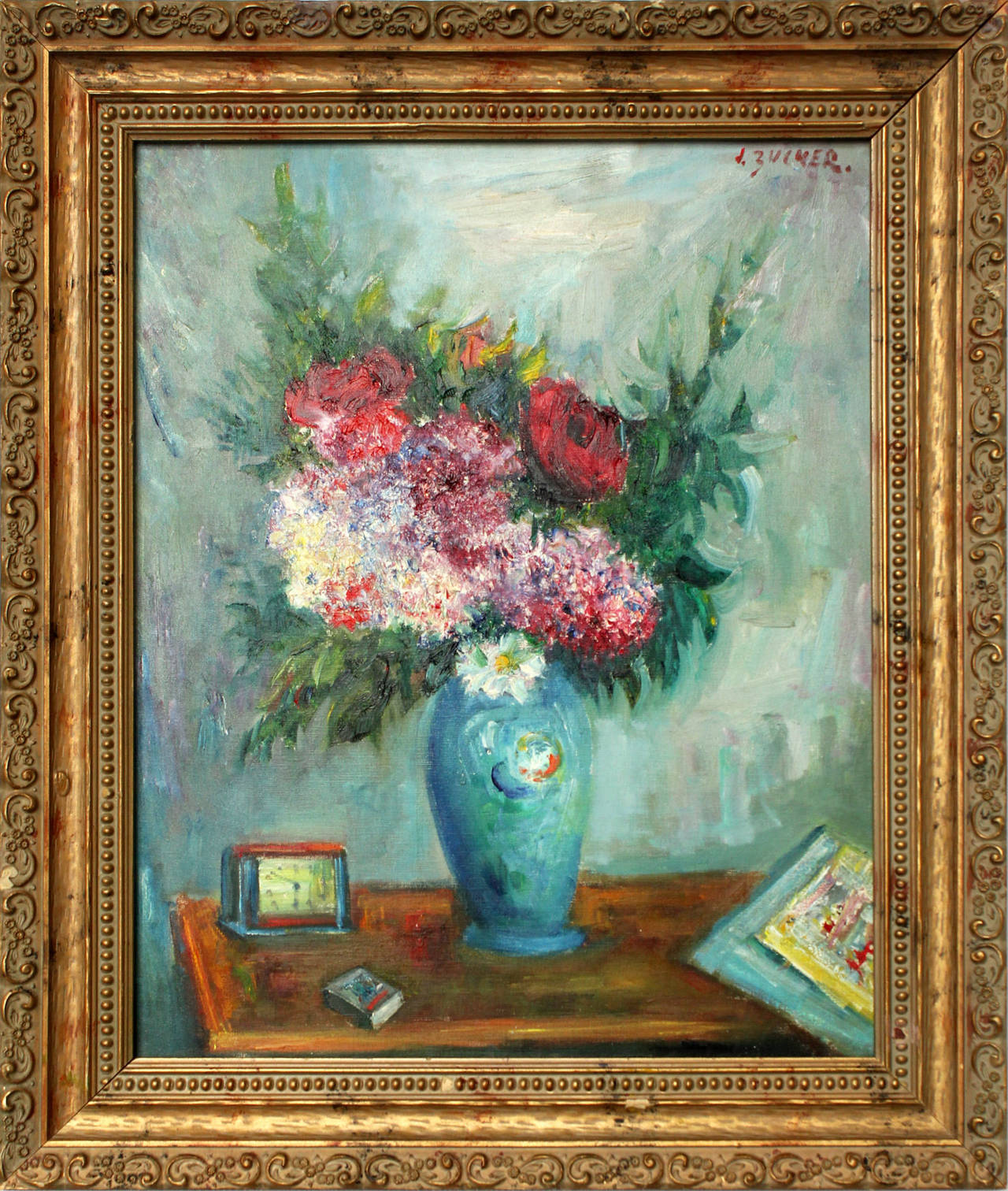 Still-Life Painting Jacques Zucker - Nature morte de fleurs sur table