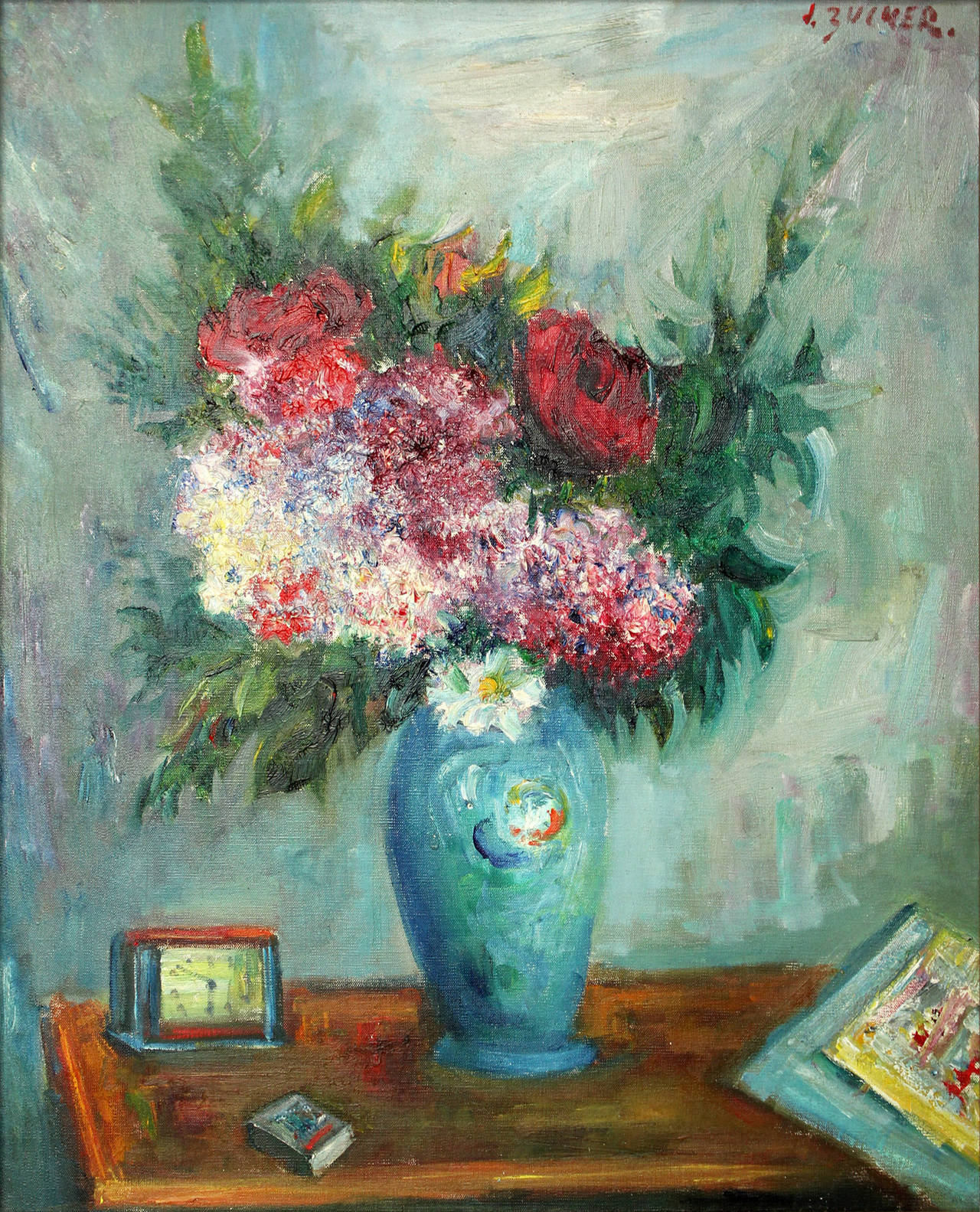 Still life of Flowers on Table - Painting by Jacques Zucker