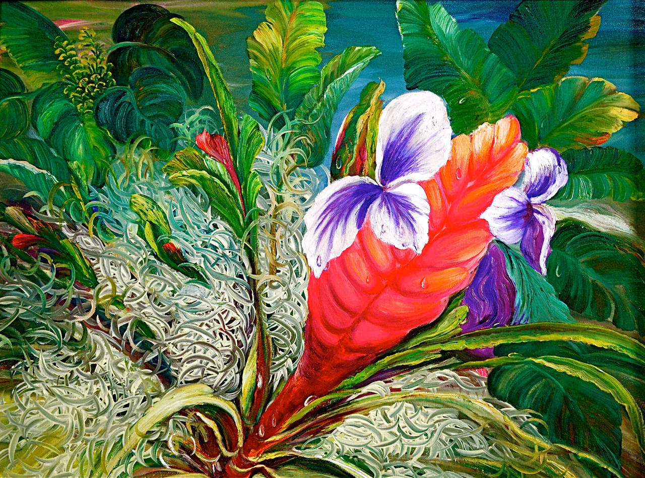 Bromeliads - Beige Still-Life Painting by Kristina Nemethy