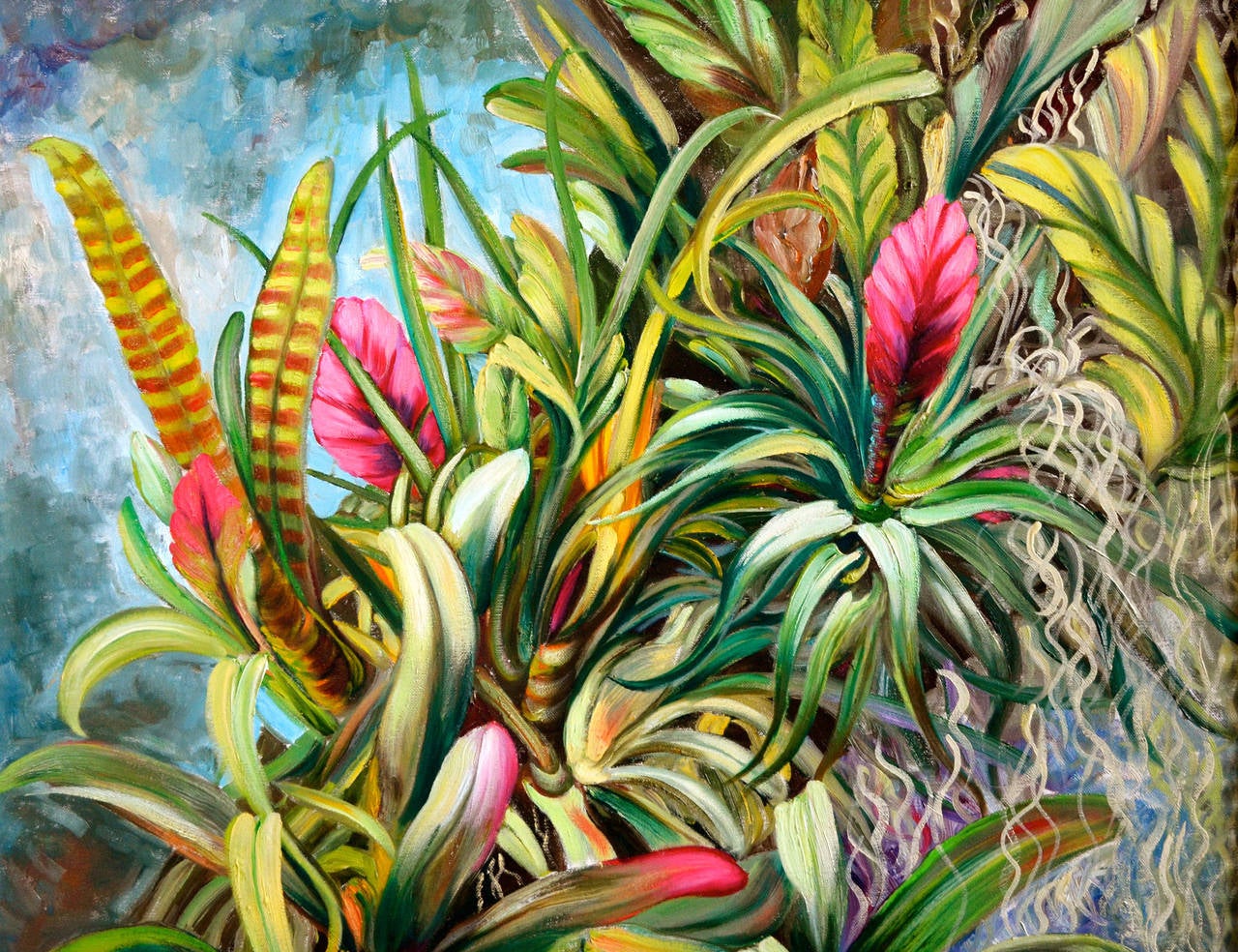 Tropische Bromelien (Beige), Abstract Painting, von Kristina Nemethy