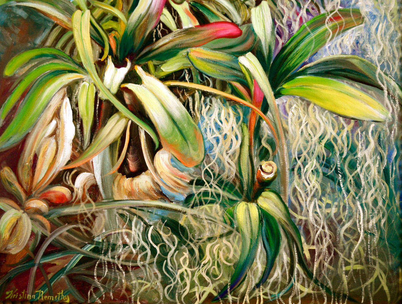 Tropische Bromelien – Painting von Kristina Nemethy