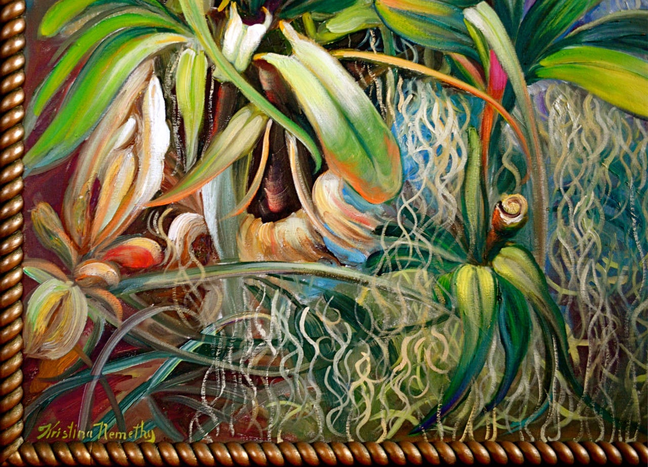 Dieses Stück ist eine kühne und fließende Darstellung tropischer Bromeliadblumen:: die in einer farbenfrohen und ausdrucksstarken Natur miteinander wirbeln. Die fröhlichen Rosatöne und Grüntöne werden durch die dicke Verwendung von Farbe und die