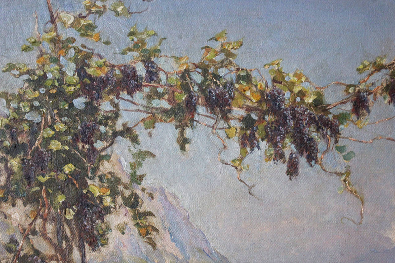 This is a breath-taking piece of Mother and Child over looking the view. This impressionistic work is from the early 20th Century. A wisteria tree blankets the composition as the mountains are seen in the distance.  The canvas measures 22