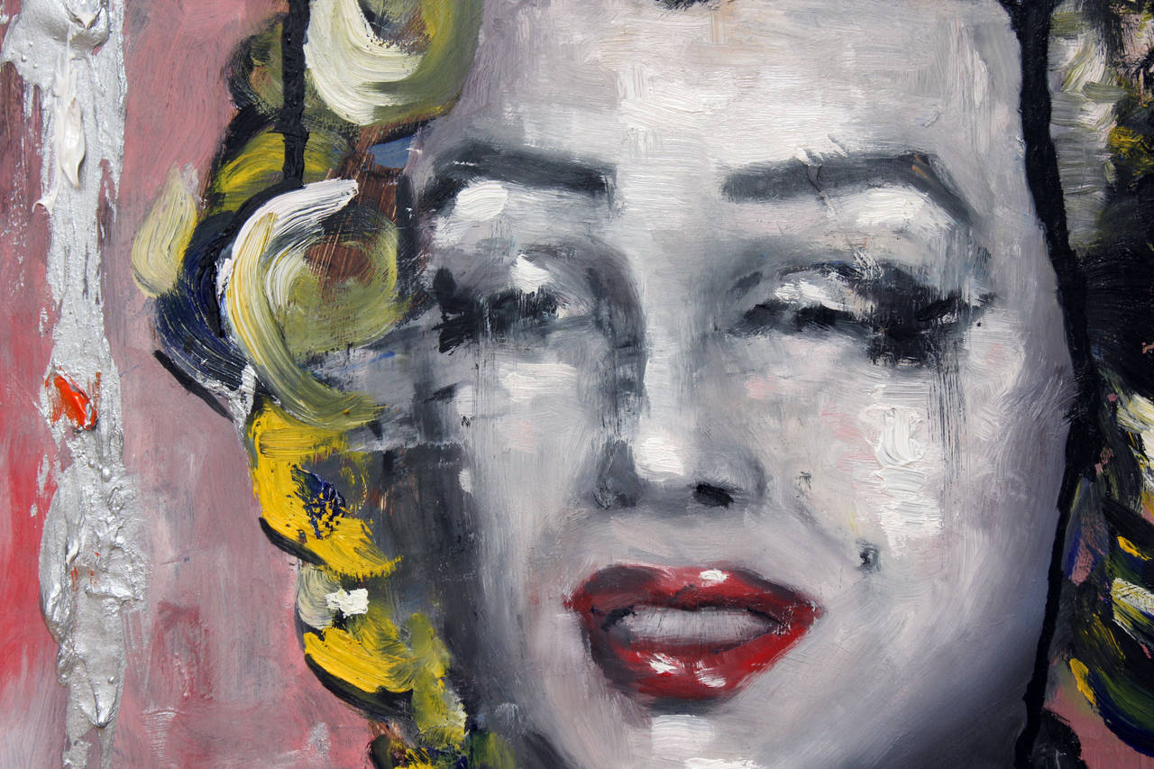 „Pop Marilyn“ Pop-Art Marilyn Monroe, Porträt, Ölgemälde auf Karton (Schwarz), Abstract Painting, von Cindy Shaoul