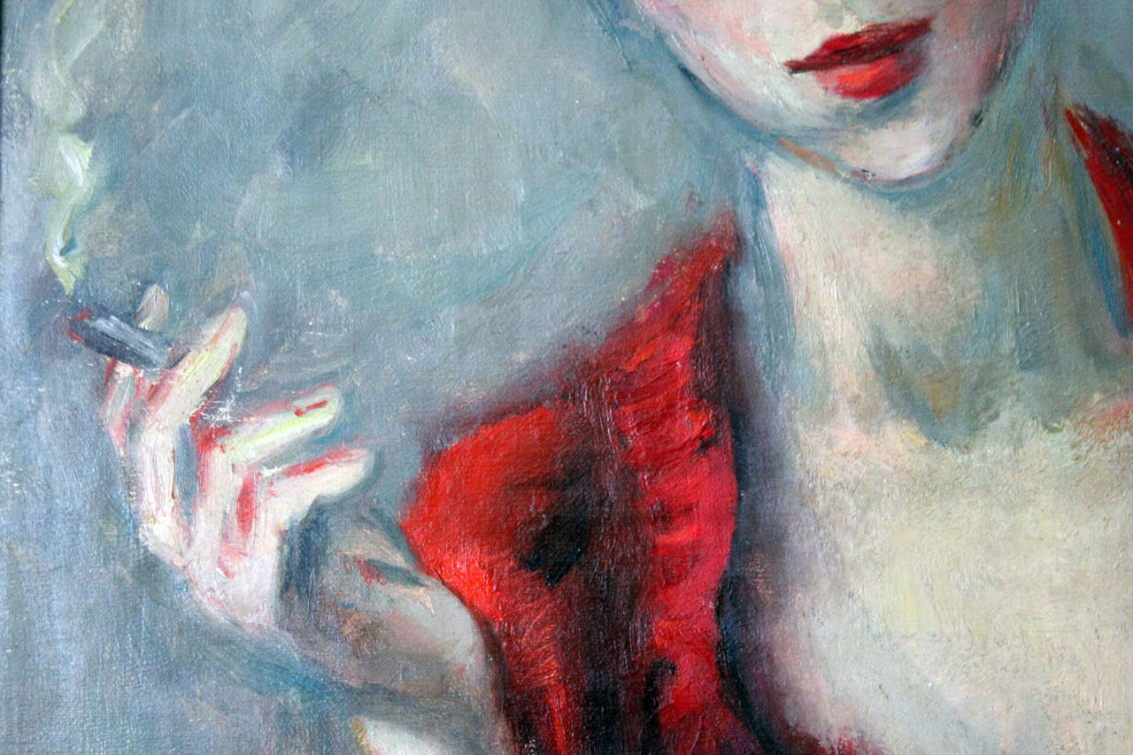 Woman in Red - Black Portrait Painting by Jacques Zucker
