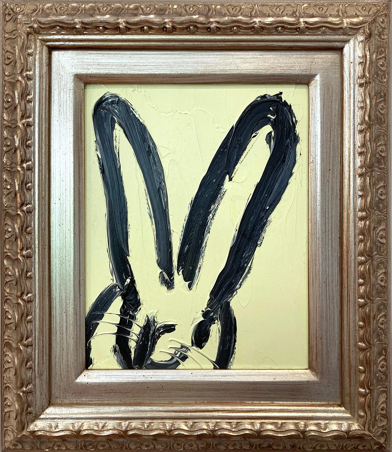 "Pale" Black Bunny on Pale Green Background Oil Painting on Wood Panel Framed