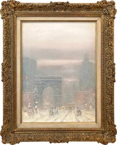 "Washington Square Park en la nieve" Escena callejera invernal impresionista Óleo sobre lienzo
