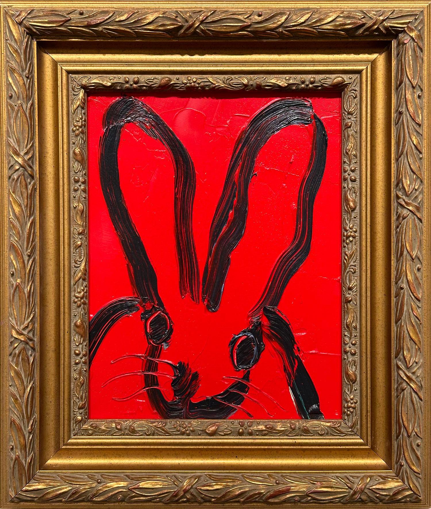 Hunt Slonem Abstract Painting - "Untitled" Black Outlined Bunny on Red Velvet Background with Frame