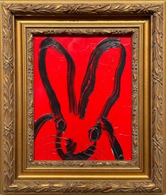"Untitled" Black Outlined Bunny on Red Velvet Background with Frame
